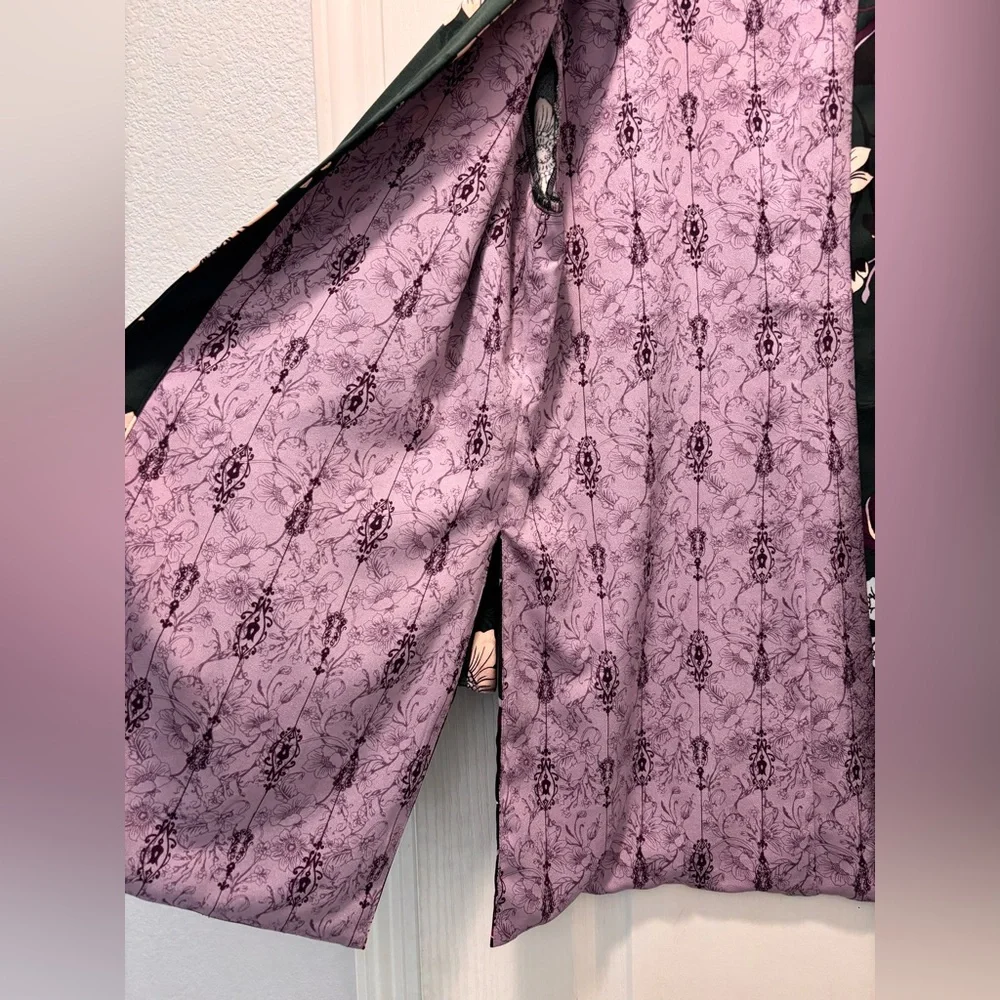 Chic Floral Kimono Jacket (Chico’s) – Dark Green with Lavender Lining Size 8/10 - Picture 4 of 7